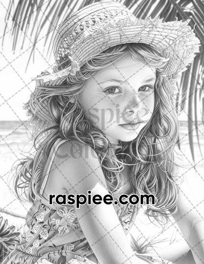65 Summer Little Girls Portrait Grayscale Adult Coloring Pages Printable PDF Instant Download