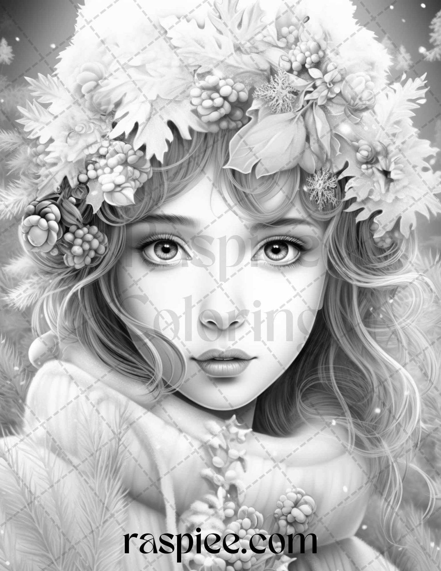 60 Beautiful Winter Girls Grayscale Coloring Pages Printable for Adults, PDF File Instant Download