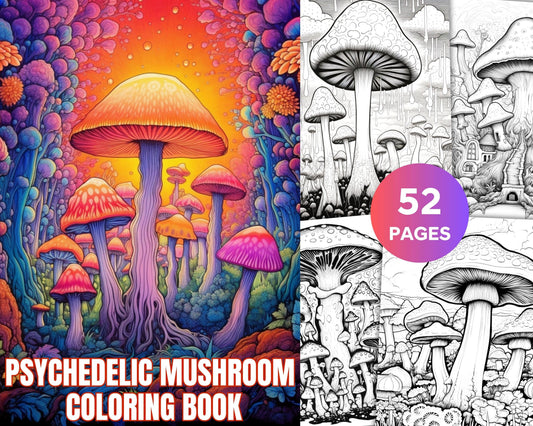 Psychedelic Mushroom Forest Coloring Book Printable for Adults, Trippy Grayscale Coloring Page, PDF File Instant Download