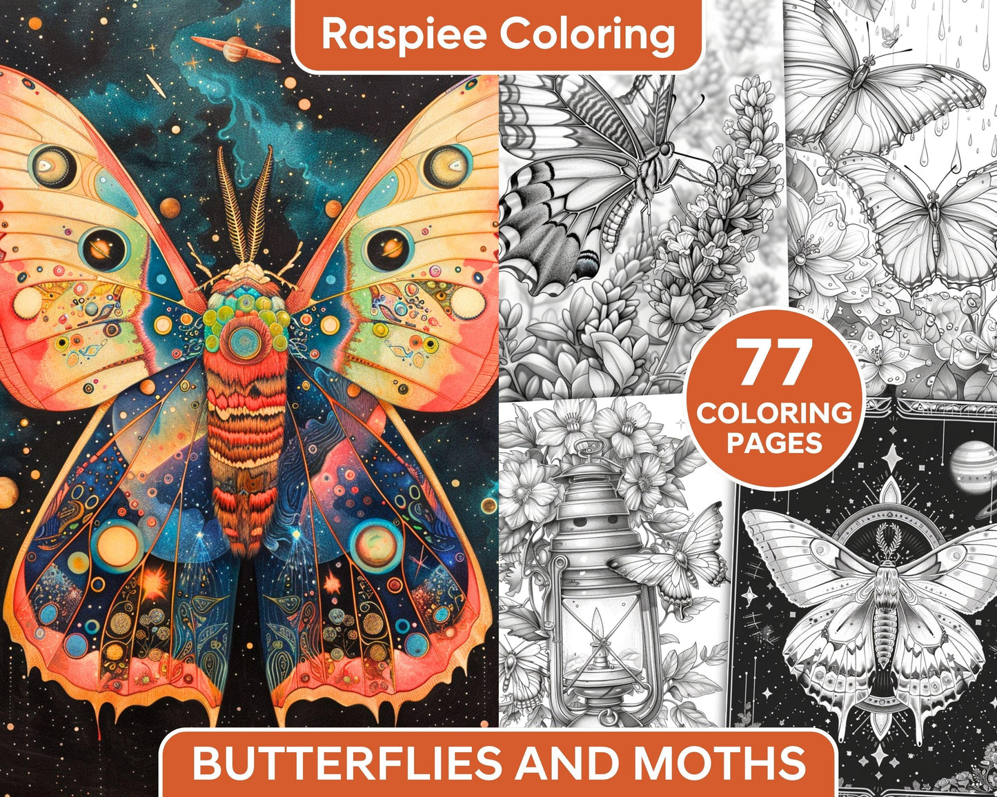 77 Butterflies and Moths Grayscale Adult Coloring Pages, Printable PDF Instant Download