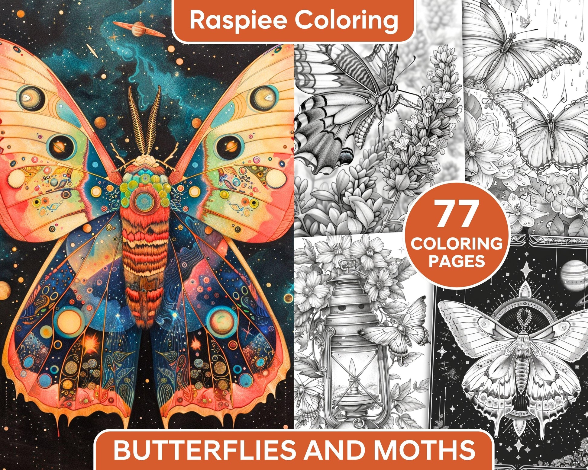 77 Butterflies and Moths Grayscale Adult Coloring Pages, Printable PDF Instant Download