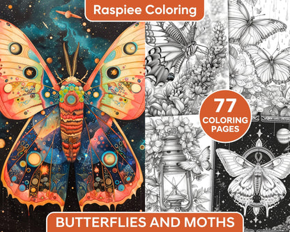 77 Butterflies and Moths Grayscale Adult Coloring Pages, Printable PDF Instant Download