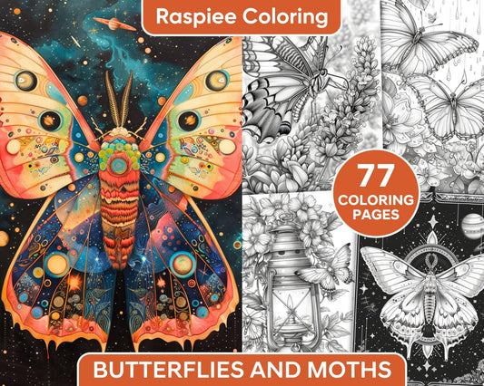 77 Butterflies and Moths Grayscale Adult Coloring Pages, Printable PDF Instant Download
