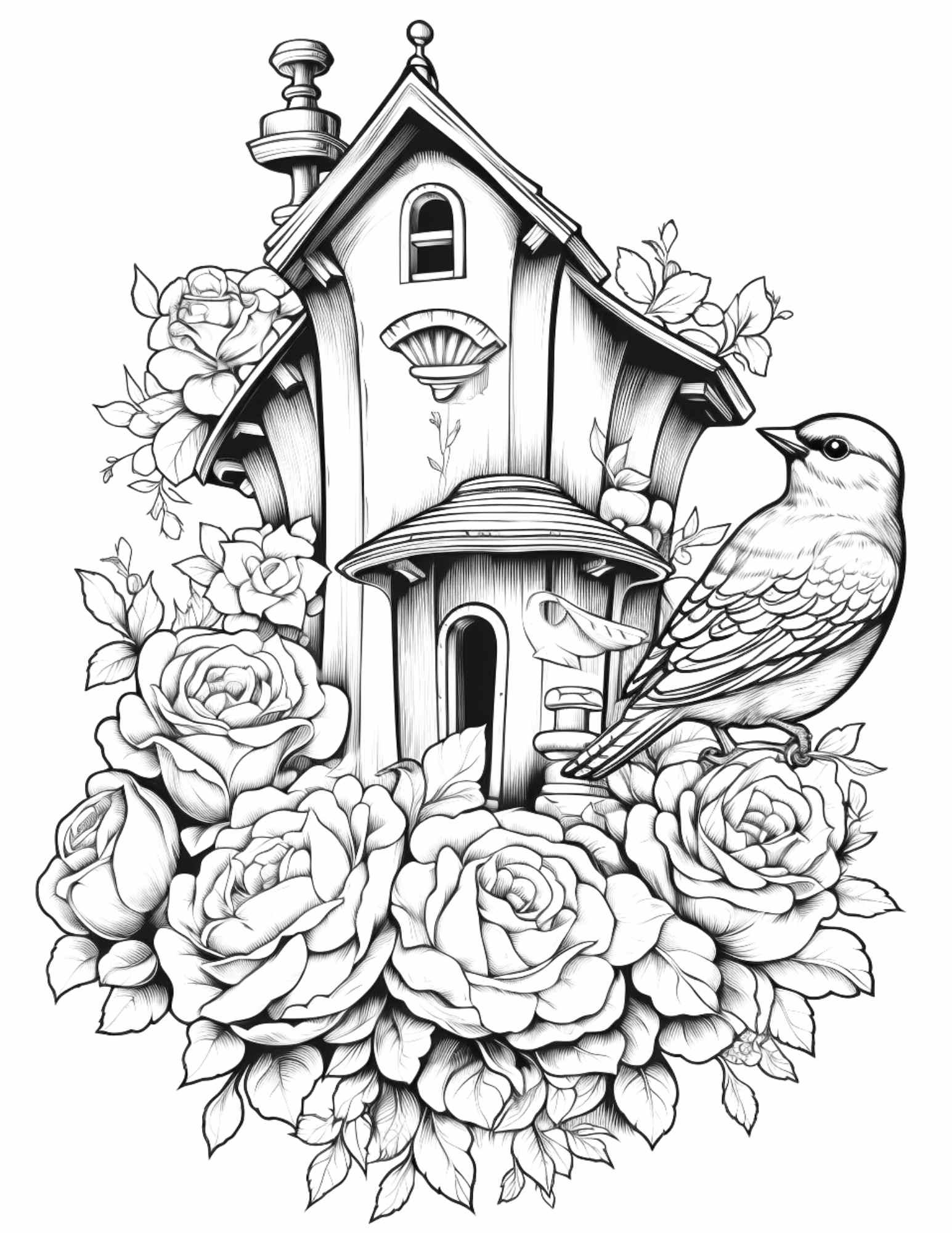 Free Flower Bird House Grayscale Coloring Pages Printable for Adults, PDF File Instant Download