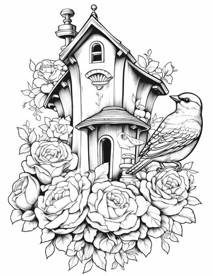 Free Flower Bird House Grayscale Coloring Pages Printable for Adults, PDF File Instant Download