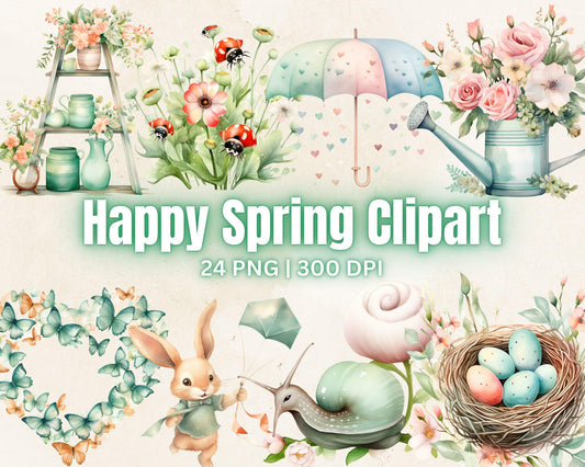 Happy Spring Watercolor Clipart Bundle, 24 PNG High-Res Files for Commercial Use