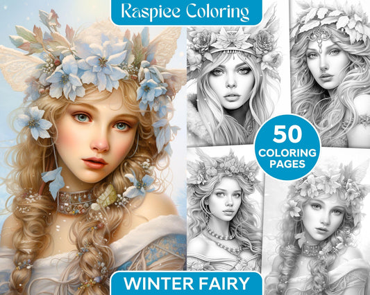 50 Winter Fairy Grayscale Coloring Pages Printable for Adults, PDF File Instant Download