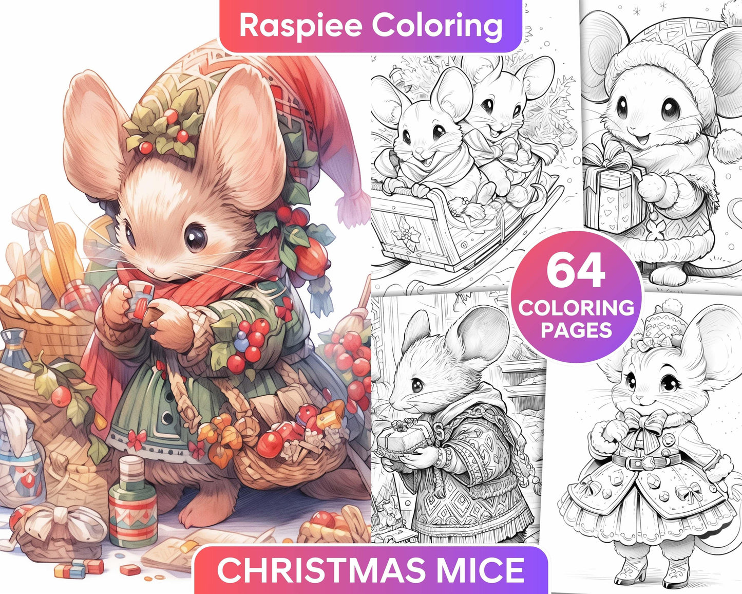 64 Christmas Mice Grayscale Coloring Pages for Adults, Printable PDF Instant Download