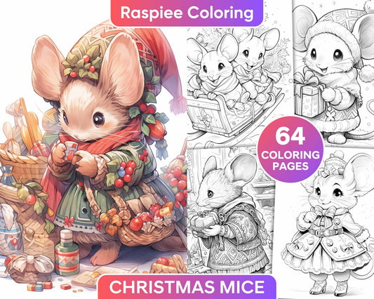 64 Christmas Mice Grayscale Coloring Pages for Adults, Printable PDF Instant Download