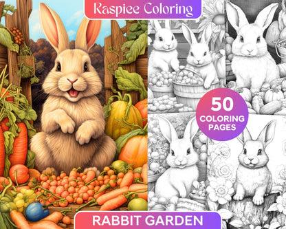 50 Rabbit Garden Grayscale Coloring Pages Printable for Adults, PDF File Instant Download