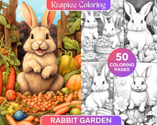 50 Rabbit Garden Grayscale Coloring Pages Printable for Adults, PDF File Instant Download