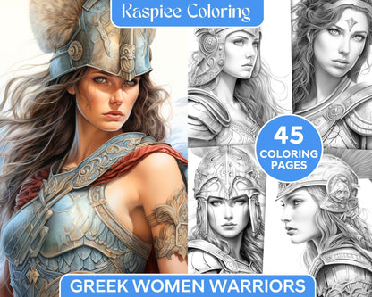 Greek Women Warriors Grayscale Coloring Pages for Adults, Printable PDF File Instant Download