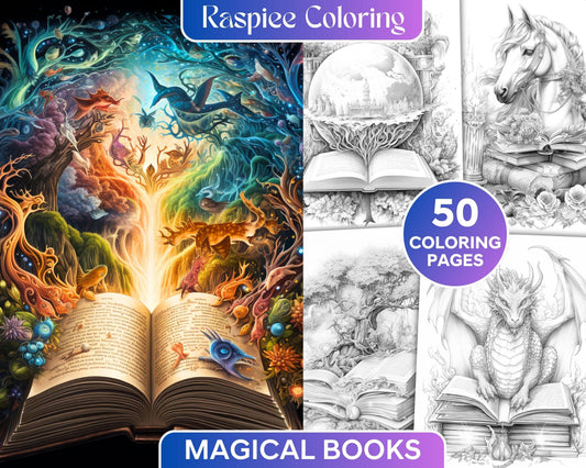 50 Magical Books Grayscale Coloring Pages Printable for Adults, PDF File Instant Download