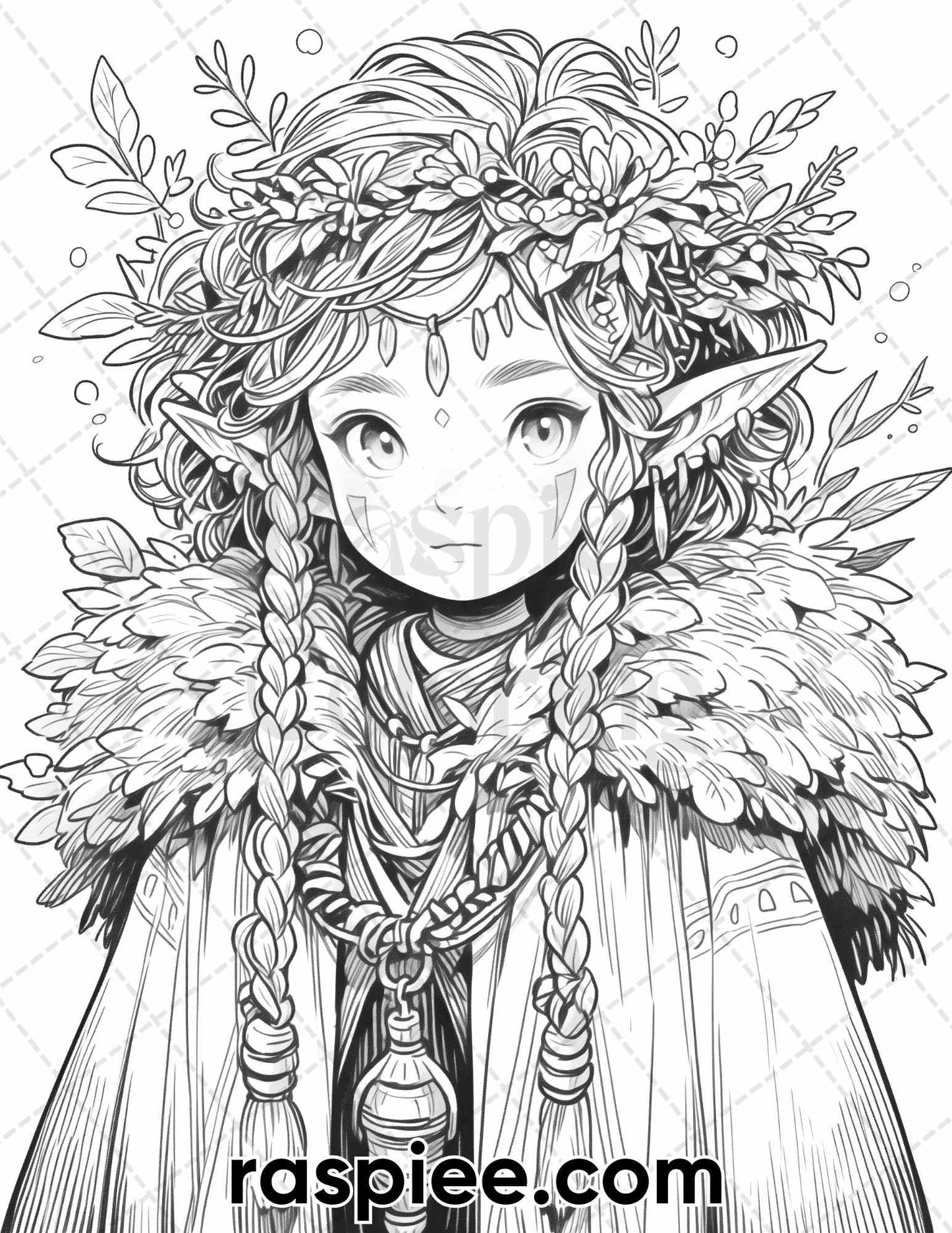 52 Cute Druid Girl Grayscale Coloring Pages for Adults, Printable PDF Instant Download
