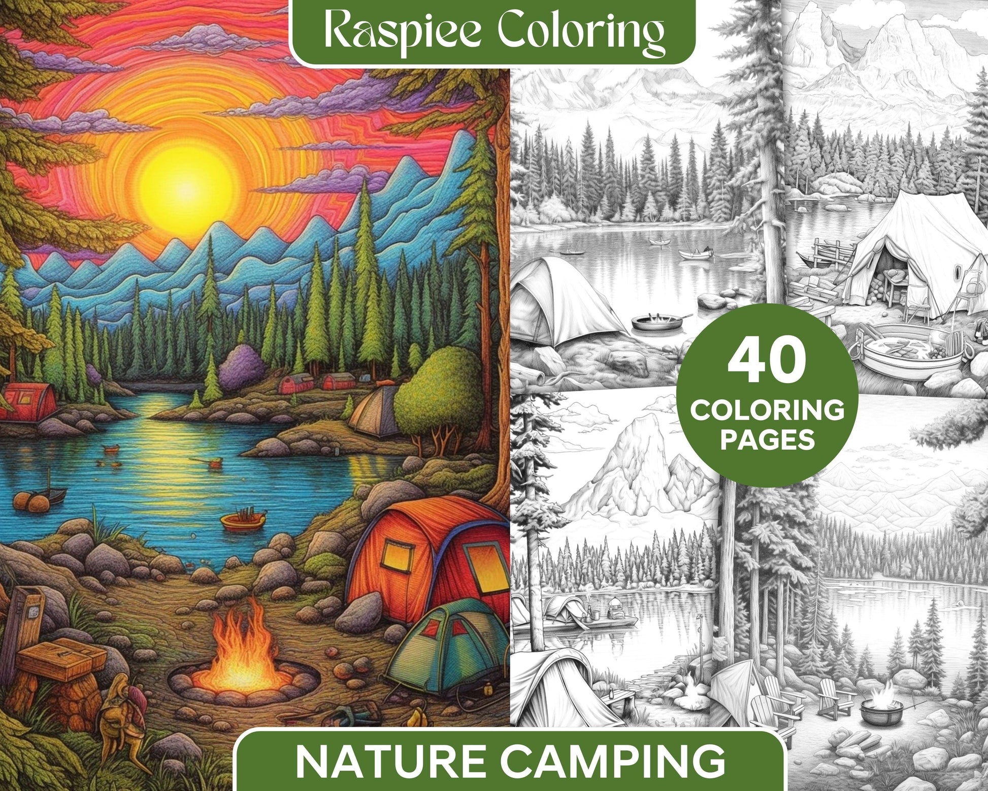 Nature Camping Grayscale Coloring Pages Printable, Relaxing Outdoor Scenes, PDF File Instant Download