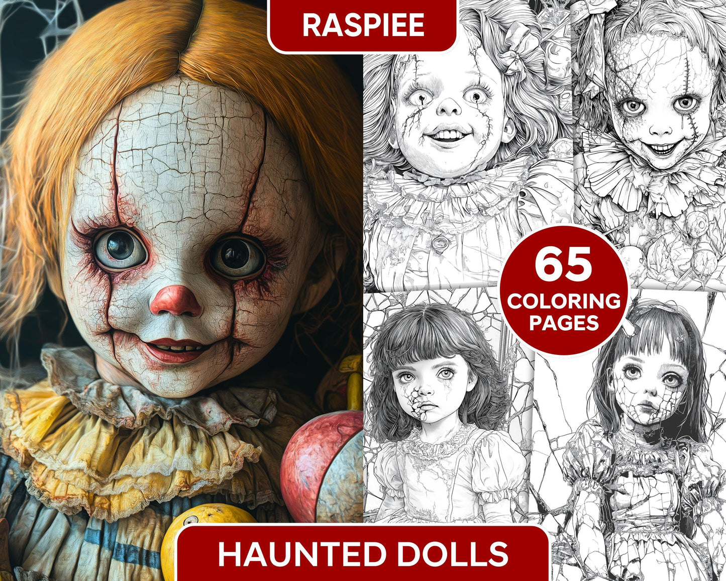 Haunted Dolls Halloween Horror Adult Coloring Pages Printable PDF Instant Download