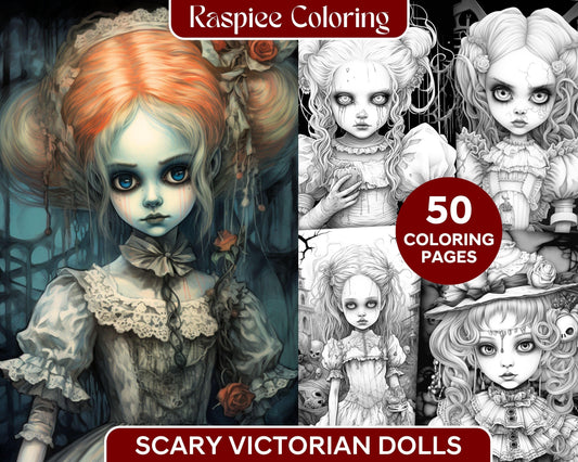 50 Scary Victorian Dolls Grayscale Coloring Pages Printable for Adults, PDF File Instant Download