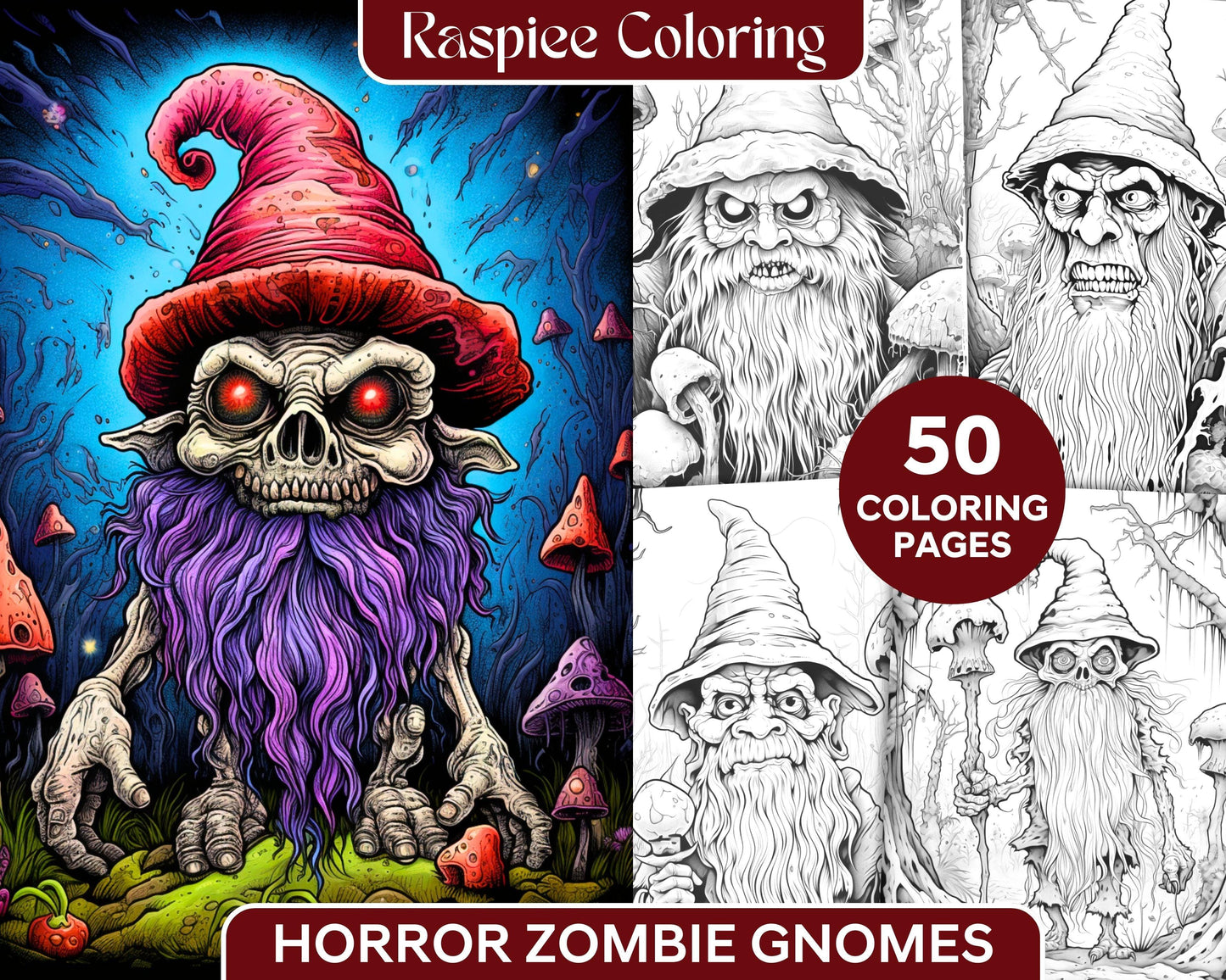 50 Horror Zombie Gnomes Grayscale Coloring Pages Printable for Adults, PDF File Instant Download