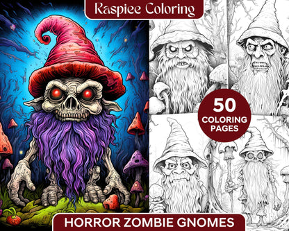 50 Horror Zombie Gnomes Grayscale Coloring Pages Printable for Adults, PDF File Instant Download