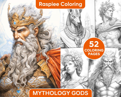 52 Mythology Gods Grayscale Coloring Pages for Adults, Printable PDF Instant Download
