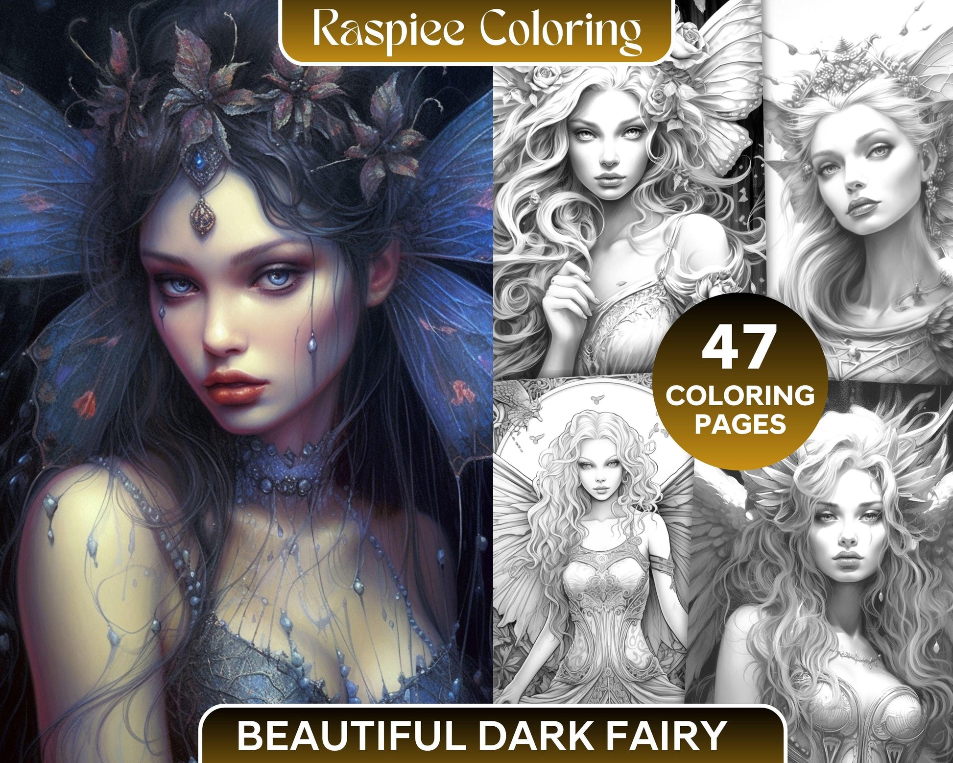 Beautiful Dark Fairy Grayscale Coloring Pages Printable for Adults, PDF File Instant Download