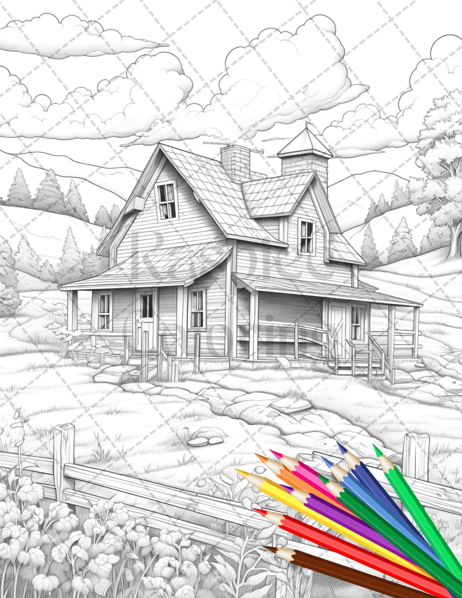 Charming Farmhouse Scenery Grayscale Coloring Pages Printable for Adults, PDF File Instant Download