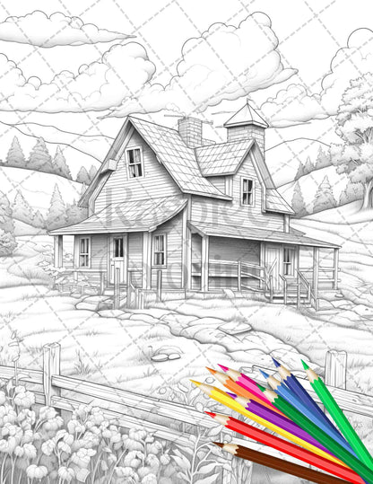 Charming Farmhouse Scenery Grayscale Coloring Pages Printable for Adults, PDF File Instant Download