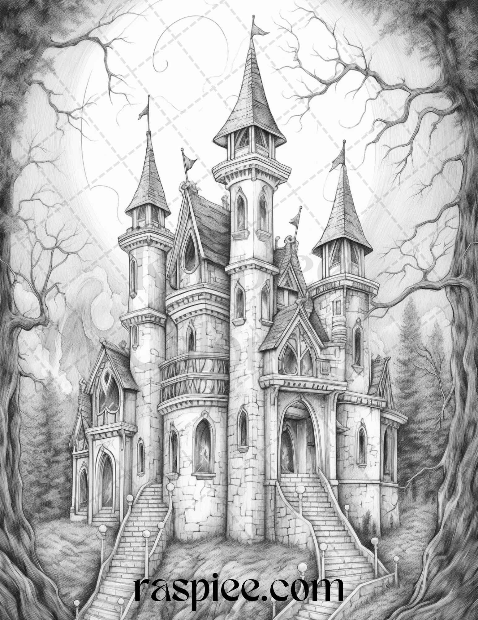 50 Haunted Castles Grayscale Coloring Pages Printable, Halloween Coloring Book, PDF File Instant Download