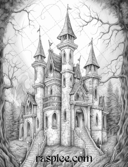 50 Haunted Castles Grayscale Coloring Pages Printable, Halloween Coloring Book, PDF File Instant Download