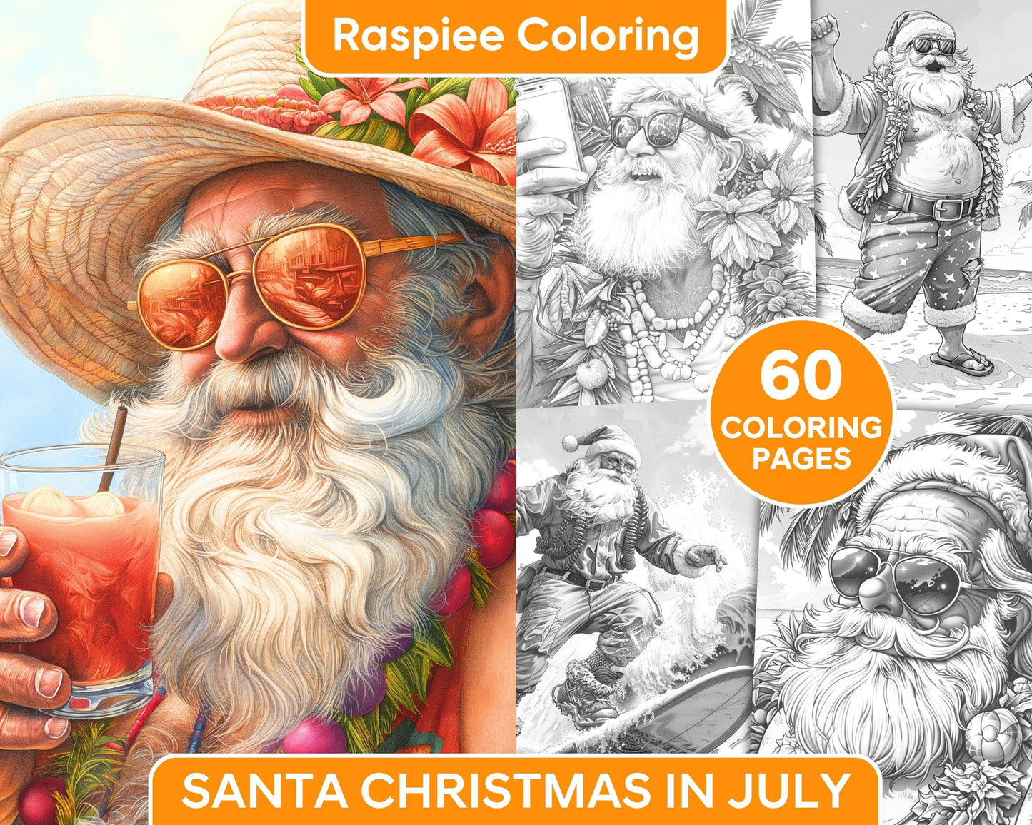 60 Santa Christmas in July Grayscale Adult Coloring Pages Printable PDF Instant Download