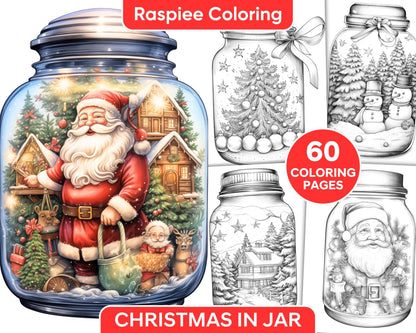 60 Christmas In Jar Grayscale Coloring Pages for Adults, Printable PDF Instant Download