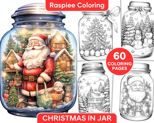 60 Christmas In Jar Grayscale Coloring Pages for Adults, Printable PDF Instant Download