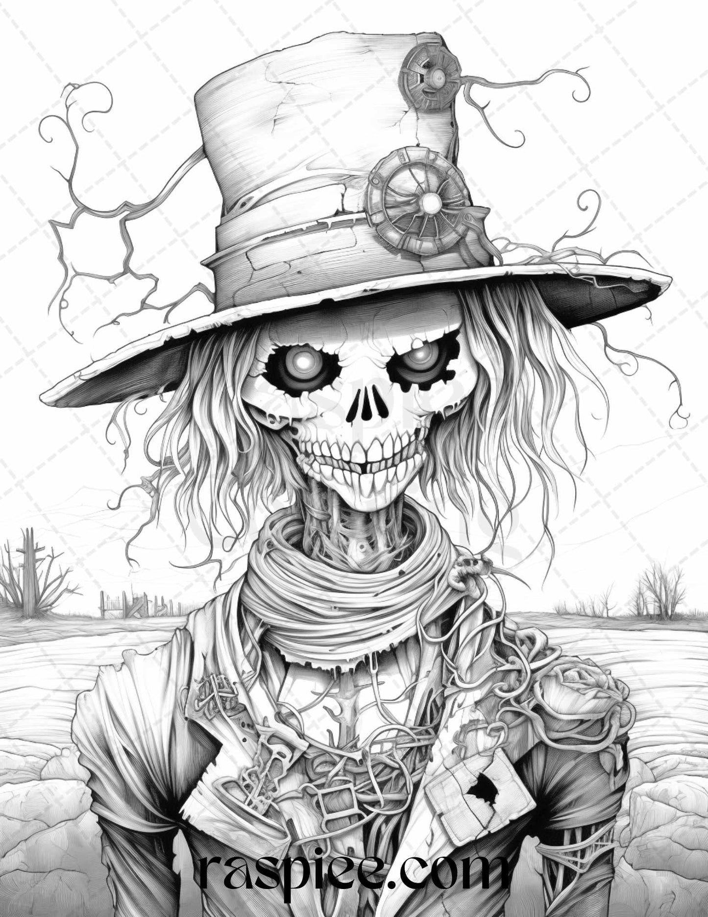 53 Scary Steampunk Scarecrows Grayscale Coloring Pages Printable for Adults, PDF File Instant Download