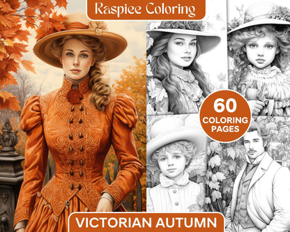 60 Victorian Autumn Portrait Grayscale Coloring Pages Printable for Adults, PDF File Instant Download