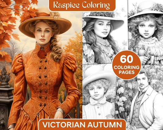60 Victorian Autumn Portrait Grayscale Coloring Pages Printable for Adults, PDF File Instant Download