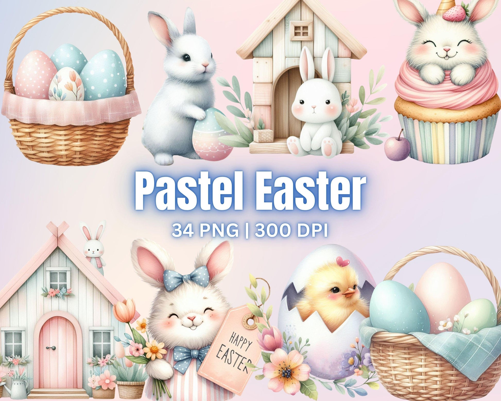 Charming Pastel Easter Clipart Bundle, 34 PNG High-Res Files for Commercial Use