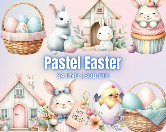 Charming Pastel Easter Clipart Bundle, 34 PNG High-Res Files for Commercial Use