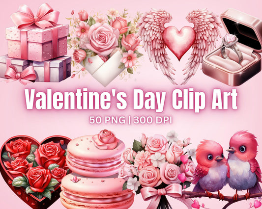 Valentine's Day Clip Art Mega Bundle, 50 PNG High-Res Files for Commercial Use