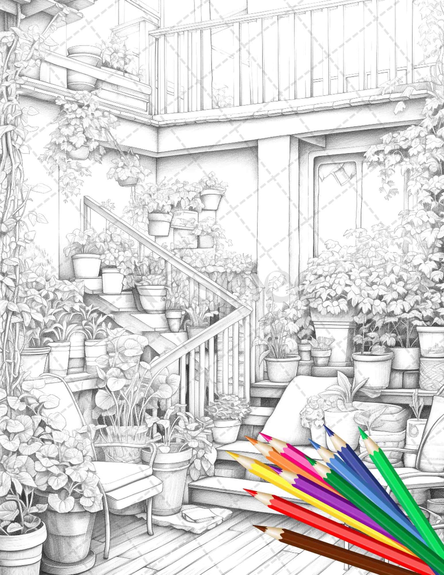 Charming Balcony Garden Grayscale Coloring Pages Printable for Adults, PDF File Instant Download