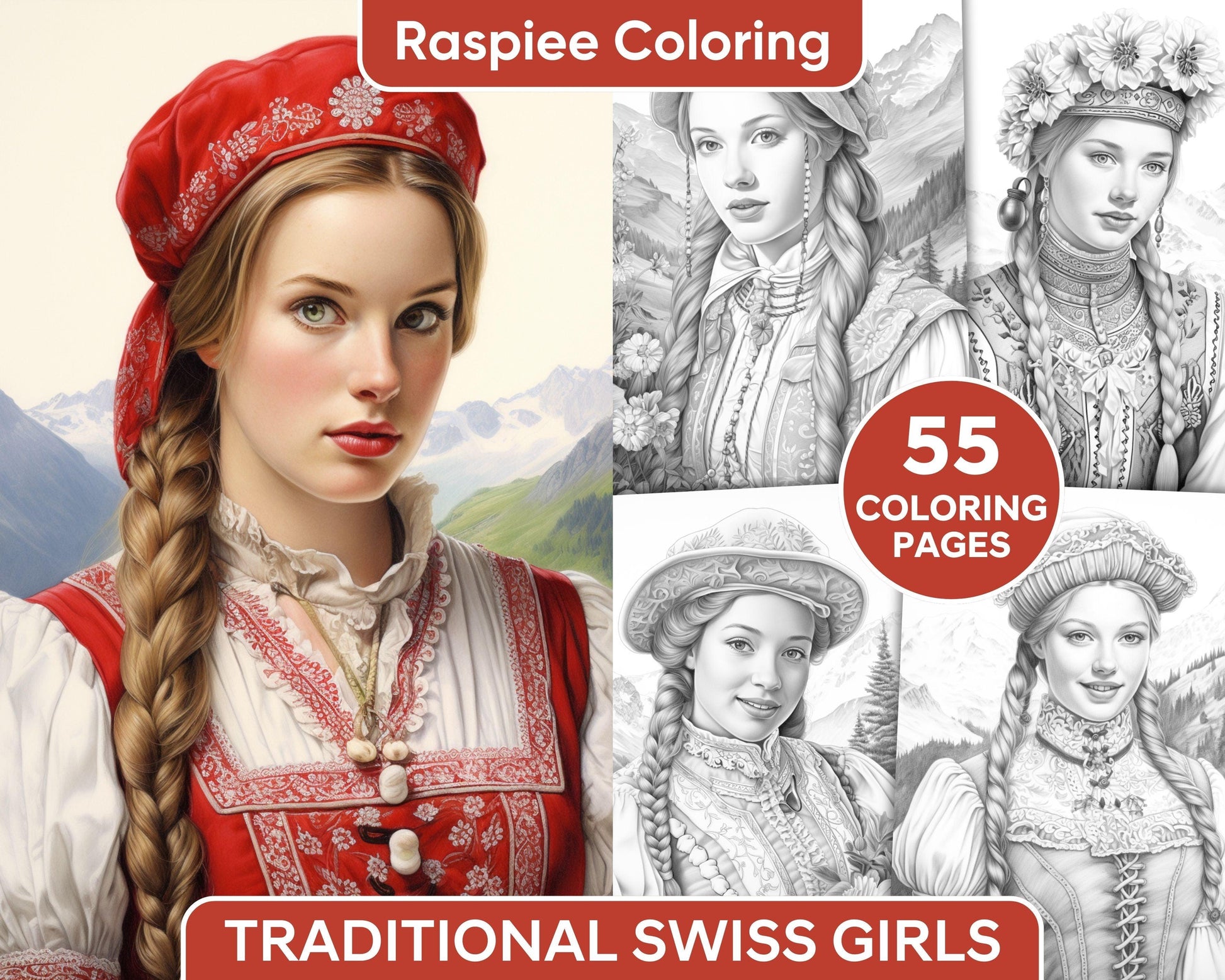 55 Traditional Swiss Girls Grayscale Adult Coloring Pages, Printable PDF Instant Download