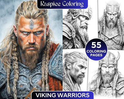 55 Viking Warriors Portrait Grayscale Coloring Pages Printable for Adults, PDF File Instant Download