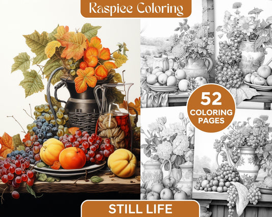 52 Still Life Grayscale Coloring Pages Printable for Adults, PDF File Instant Download