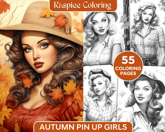 55 Autumn Pin Up Girls Grayscale Coloring Pages Printable for Adults, PDF File Instant Download