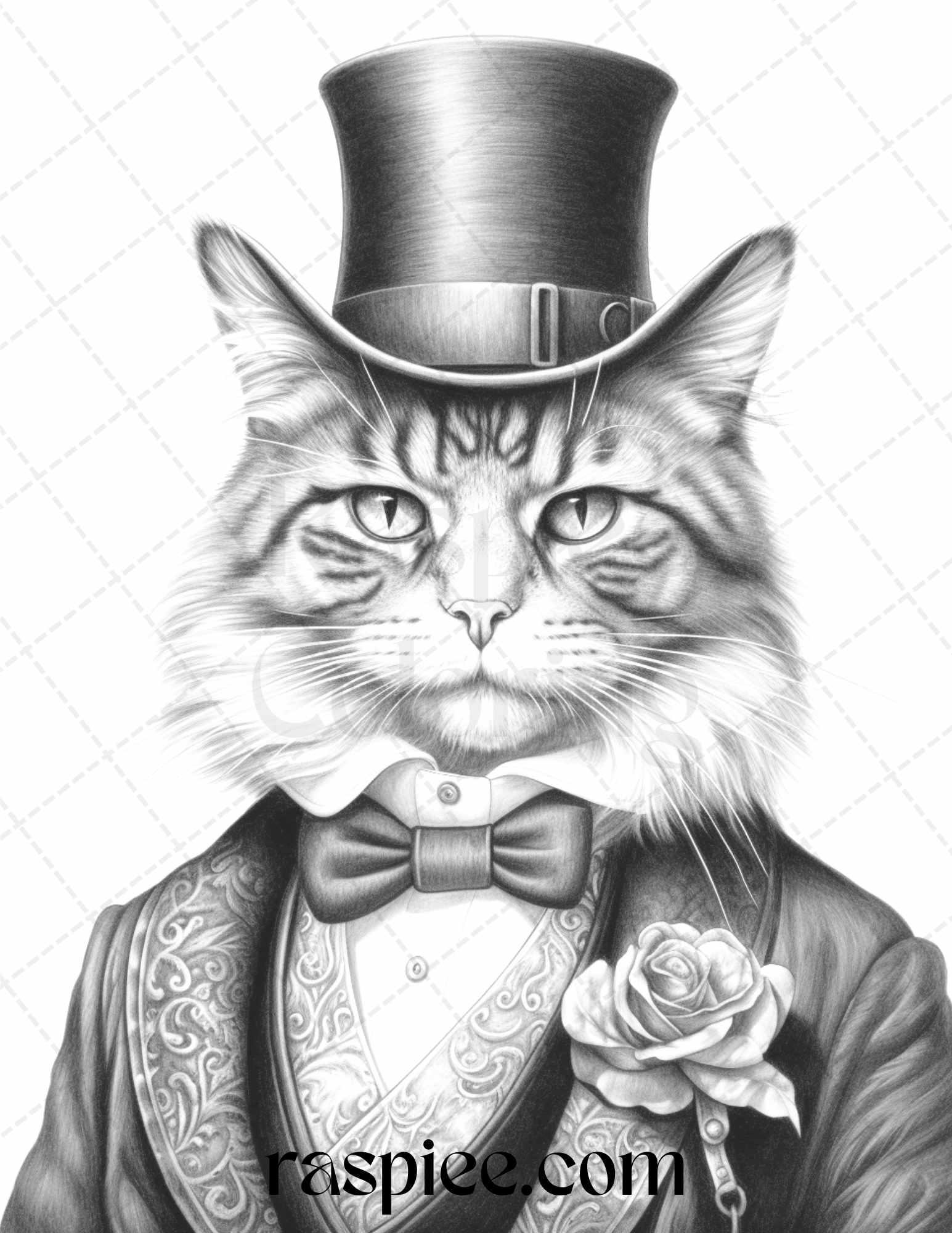 Gentleman Cat Grayscale Coloring Pages Printable for Adults Kids, PDF File Instant Download
