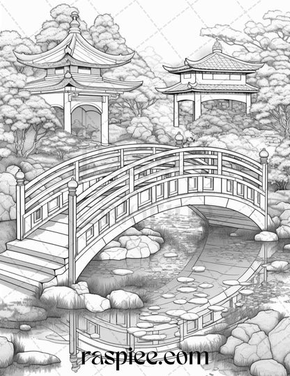 Japanese Garden Grayscale Coloring Pages Printable for Adults, PDF File Instant Download