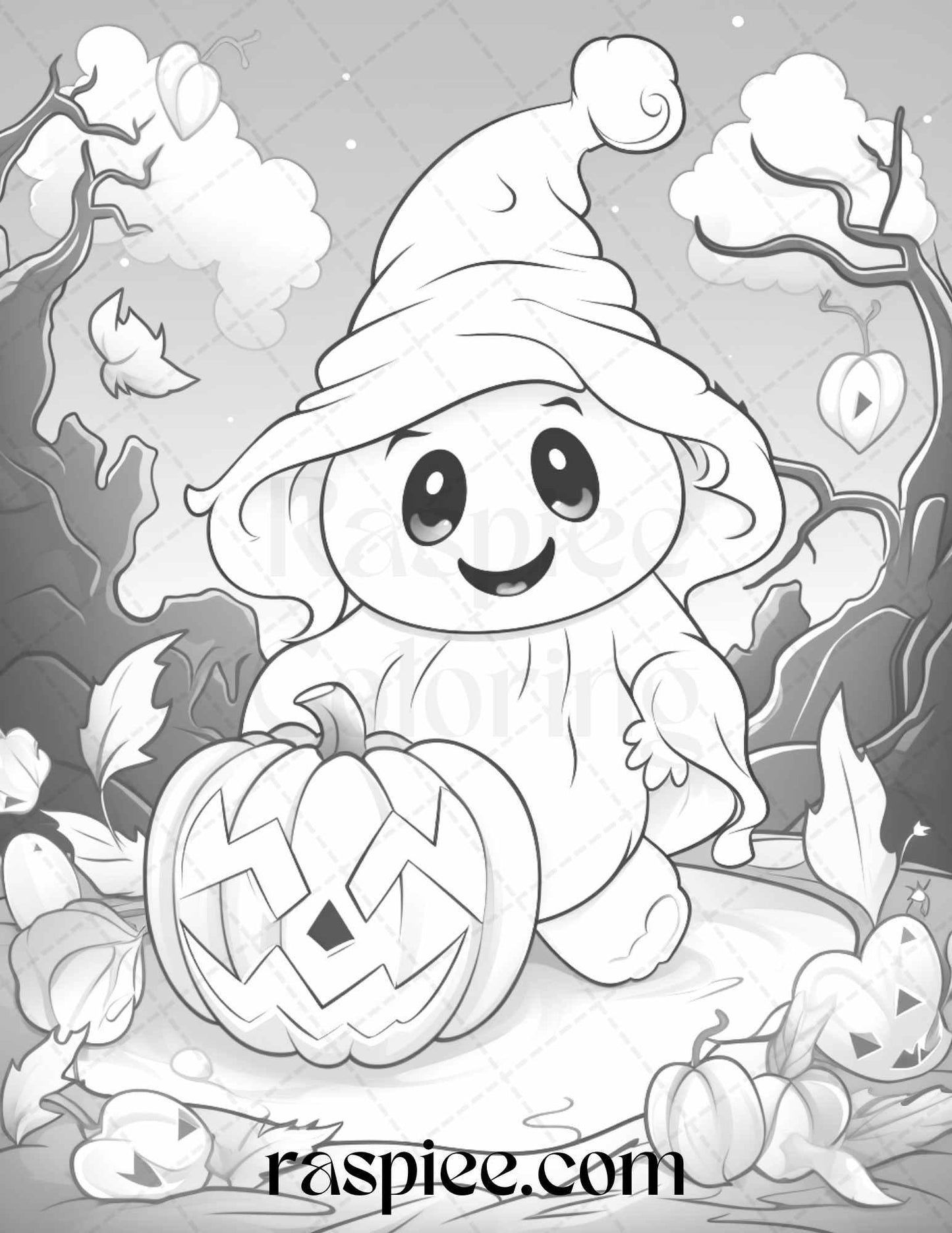 50 Halloween Cute Ghosts Grayscale Coloring Printable for Adults Kids, PDF File Instant Download