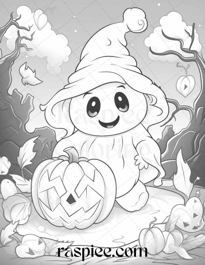 50 Halloween Cute Ghosts Grayscale Coloring Printable for Adults Kids, PDF File Instant Download