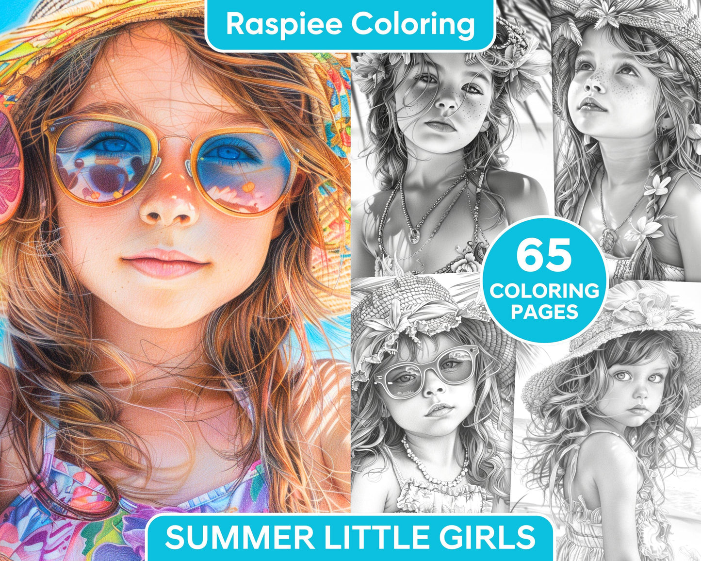65 Summer Little Girls Portrait Grayscale Adult Coloring Pages Printable PDF Instant Download