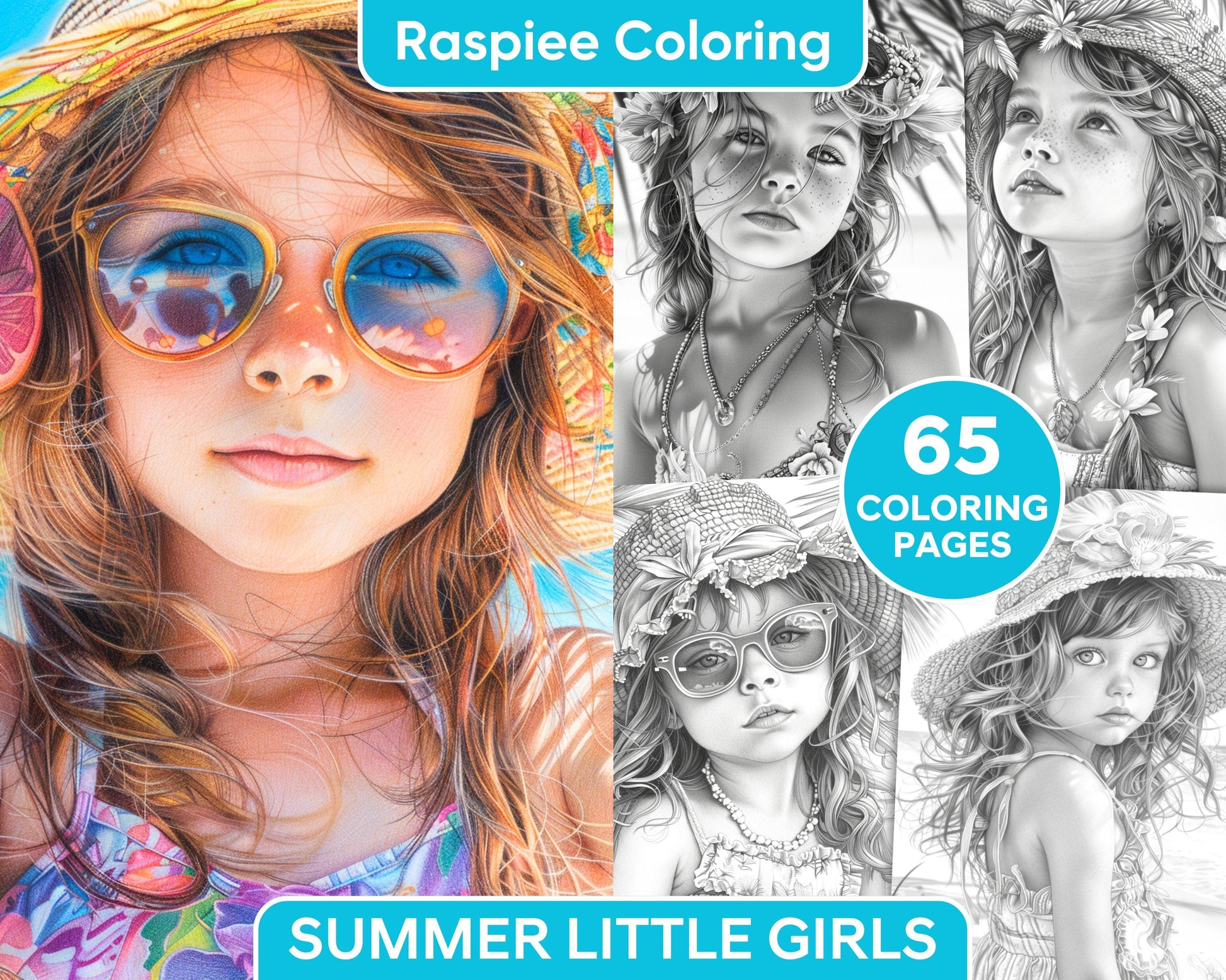 65 Summer Little Girls Portrait Grayscale Adult Coloring Pages Printable PDF Instant Download