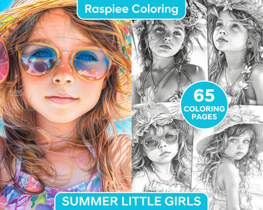 65 Summer Little Girls Portrait Grayscale Adult Coloring Pages Printable PDF Instant Download